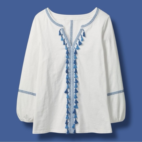 Boden Small Alison Embroidered Tassel Peasant Jersey Long Sleeve Slub Knit Top - Picture 9 of 9